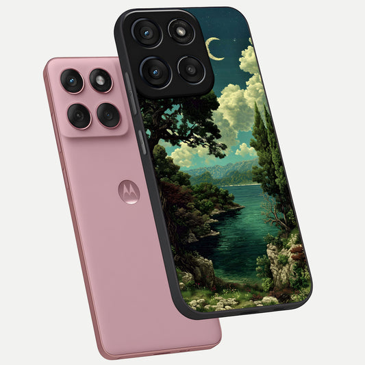  Celestial Lake Peace phone case For Moto Edge 60 Fusion showing premium glass back cover with detailed artwork