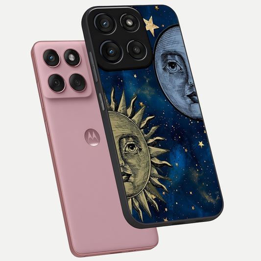  Celestial Moon With Sun phone case For Moto Edge 60 Fusion showing premium glass back cover with detailed artwork