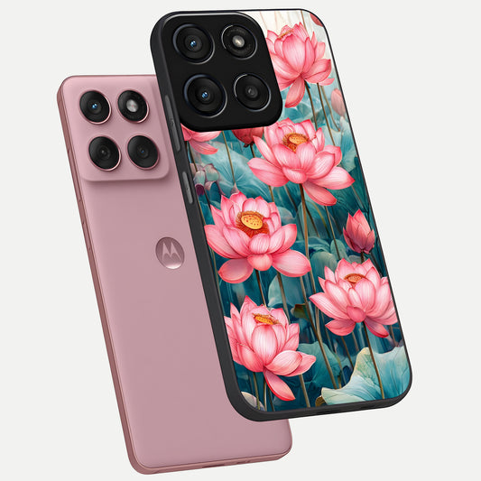  Celestial Pink Lotus phone case For Moto Edge 60 Fusion showing premium glass back cover with detailed artwork