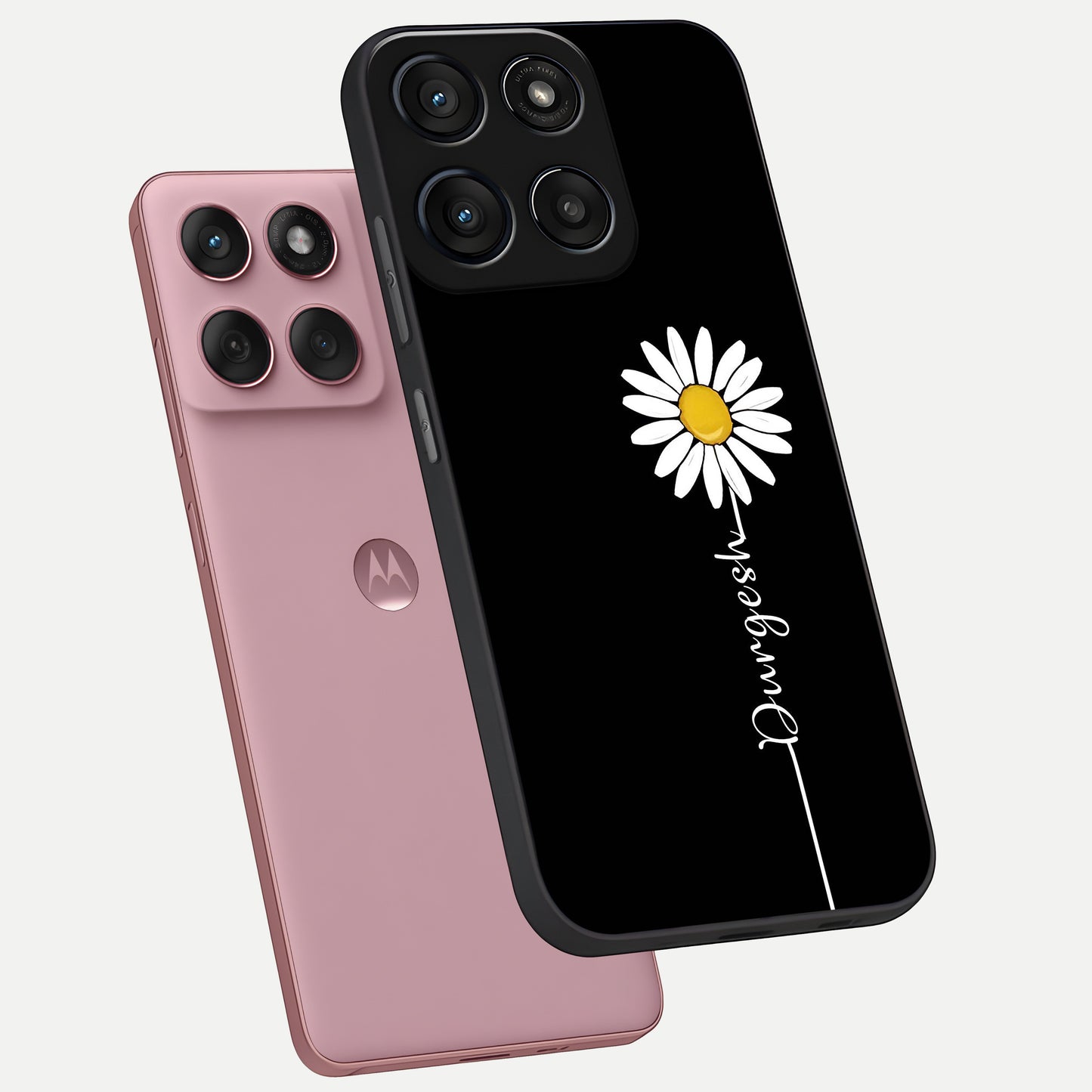  Custom Name White Flower phone case For Moto Edge 60 Fusion showing premium glass back cover with detailed artwork