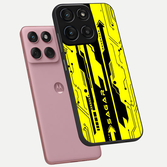  Electric Pulse CYBERPUNK Custom Name phone case For Moto Edge 60 Fusion showing premium glass back cover with detailed artwork