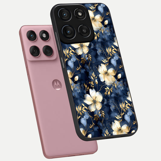  Golden Midnight Bloom phone case For Moto Edge 60 Fusion showing premium glass back cover with detailed artwork