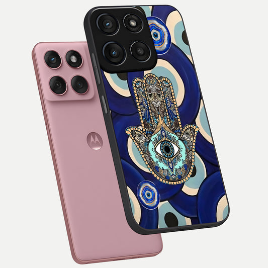  Hamsa Divine Guard phone case For Moto Edge 60 Fusion showing premium glass back cover with detailed artwork