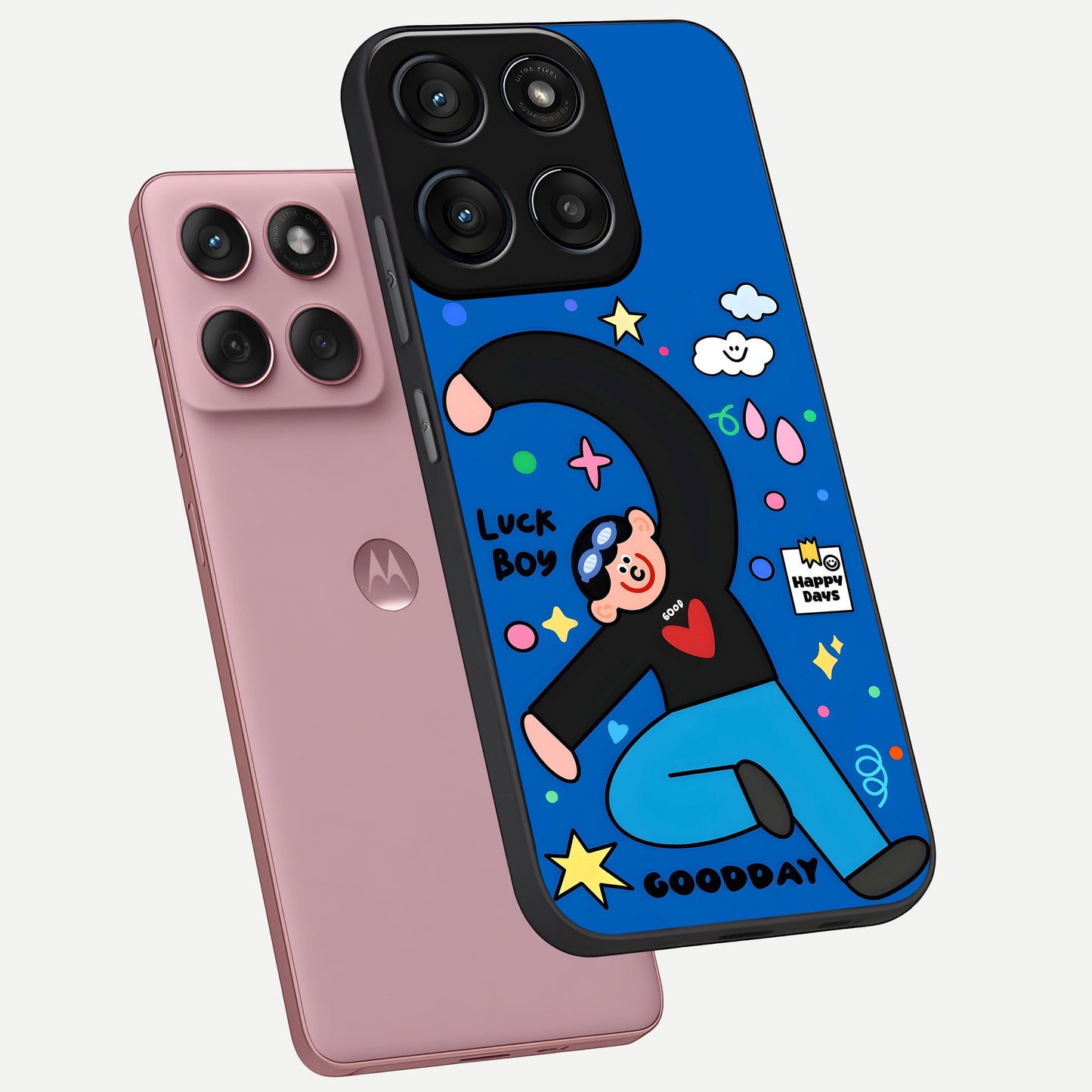  Happy Luck Vibe phone case For Moto Edge 60 Fusion showing premium glass back cover with detailed artwork