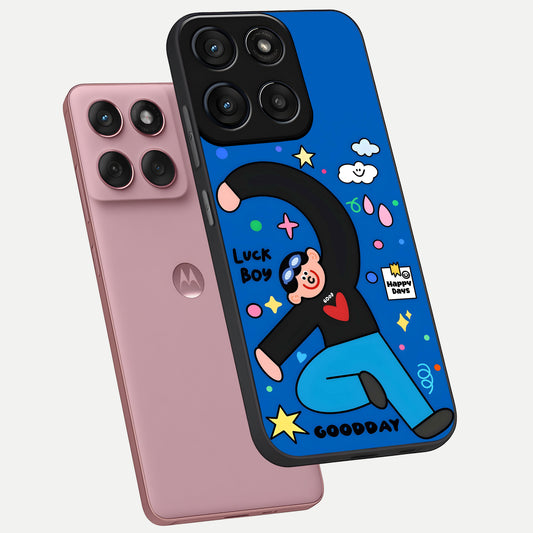  Happy Luck Vibe phone case For Moto Edge 60 Fusion showing premium glass back cover with detailed artwork