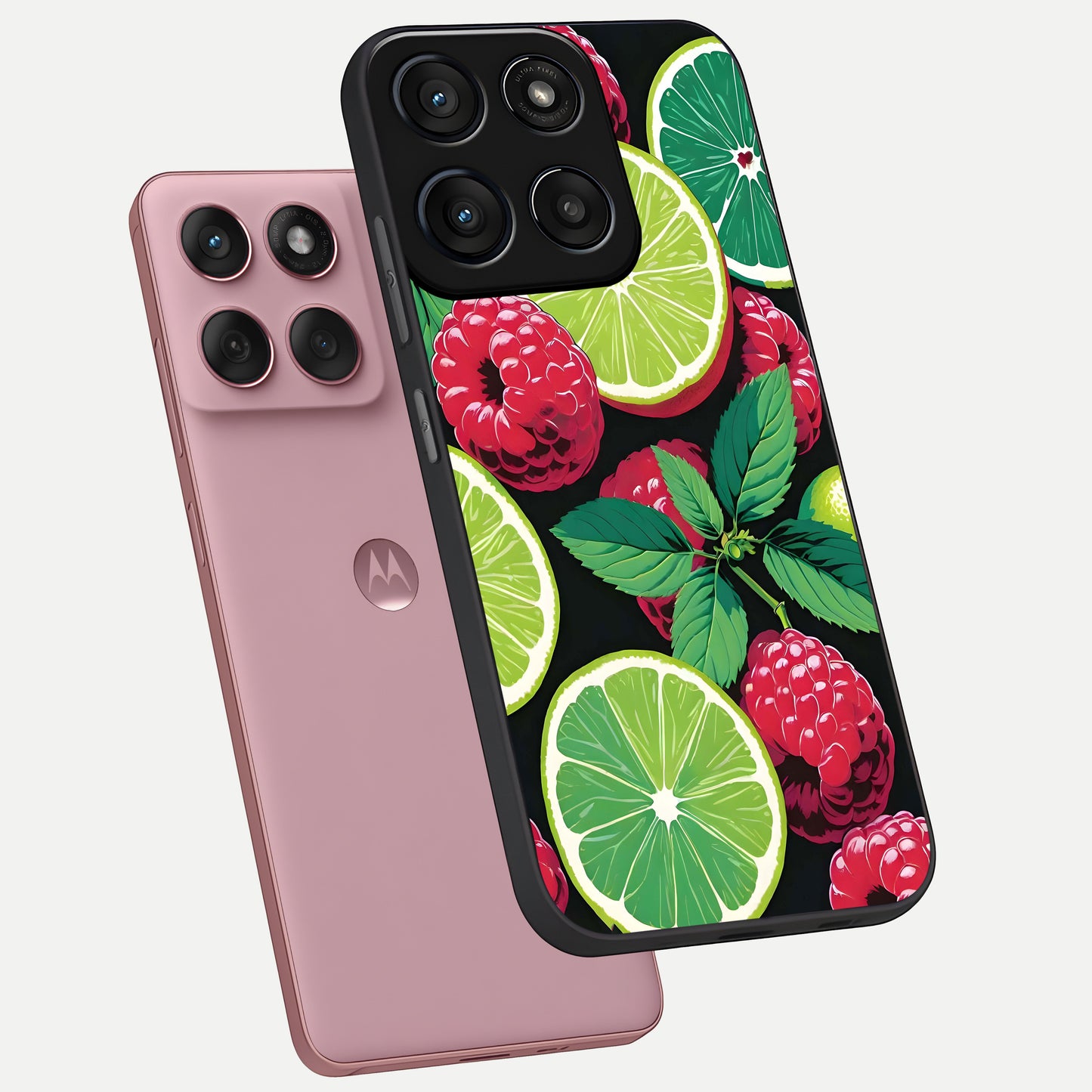  Lime and Raspberry Pattern phone case For Moto Edge 60 Fusion showing premium glass back cover with detailed artwork