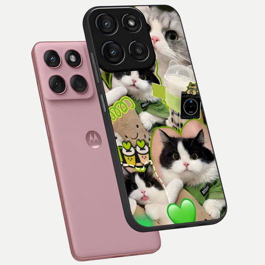  Matcha Cats Mood phone case For Moto Edge 60 Fusion showing premium glass back cover with detailed artwork