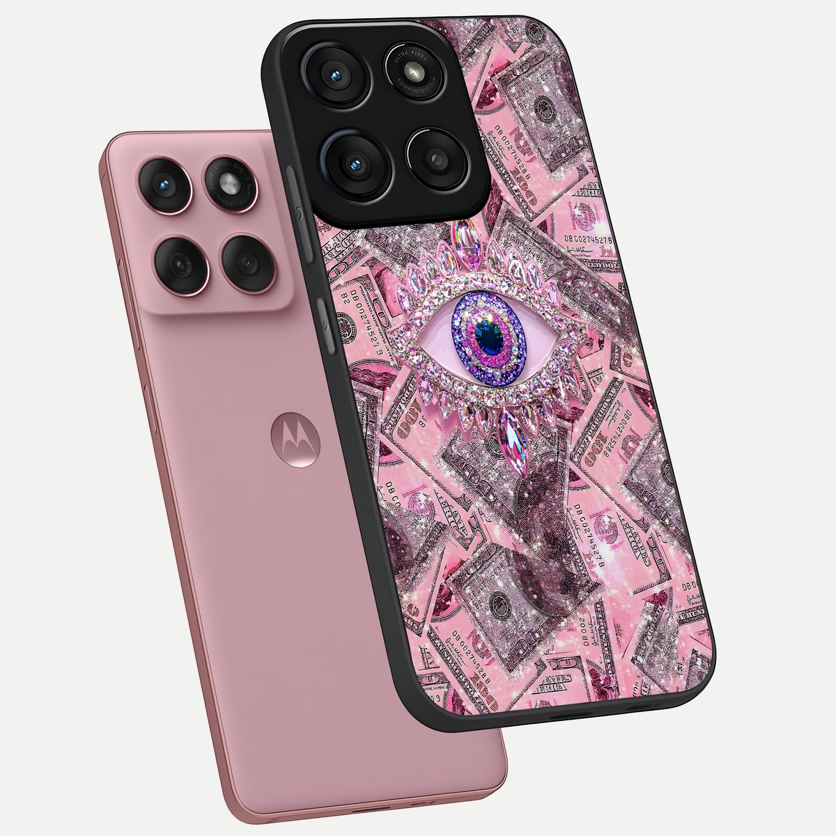  Money Eye Luxe phone case For Moto Edge 60 Fusion showing premium glass back cover with detailed artwork