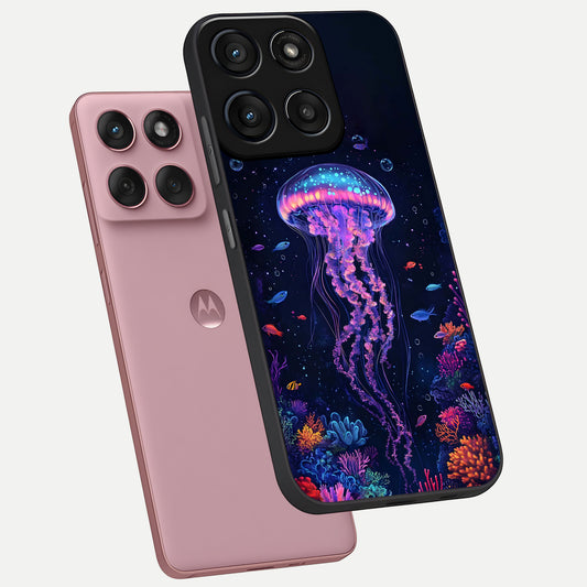  Neon Jellyfish phone case For Moto Edge 60 Fusion showing premium glass back cover with detailed artwork