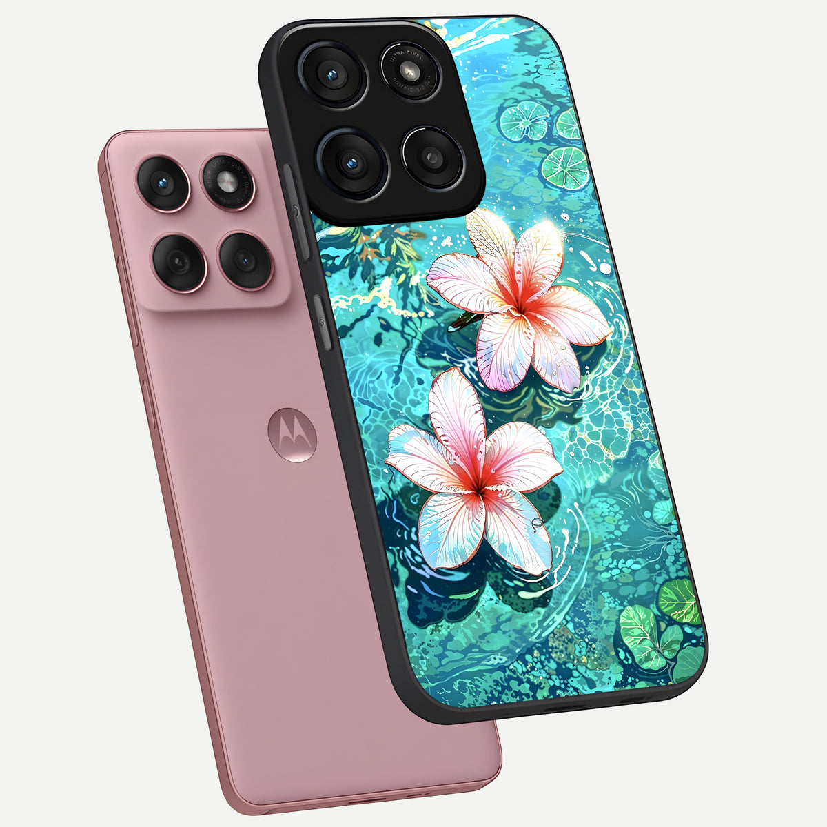  Pink Flowers in Water phone case For Moto Edge 60 Fusion showing premium glass back cover with detailed artwork