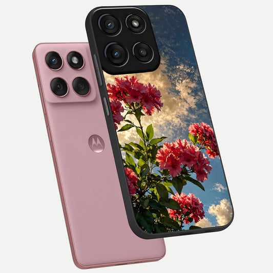  Red Bloom Skies phone case For Moto Edge 60 Fusion showing premium glass back cover with detailed artwork