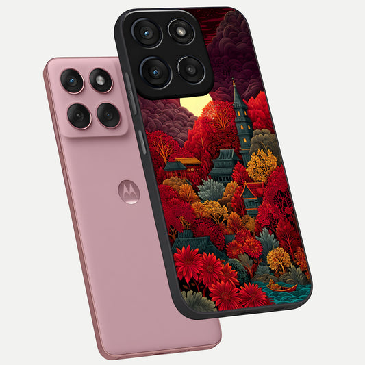  Scarlet Autumn Temple phone case For Moto Edge 60 Fusion showing premium glass back cover with detailed artwork