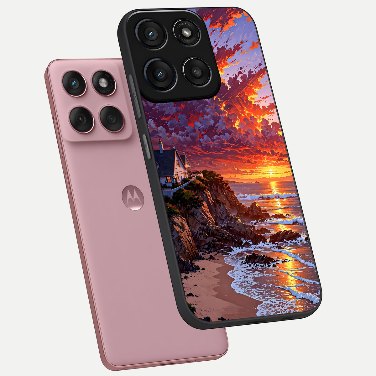  Sunset House By Sea phone case For Moto Edge 60 Fusion showing premium glass back cover with detailed artwork