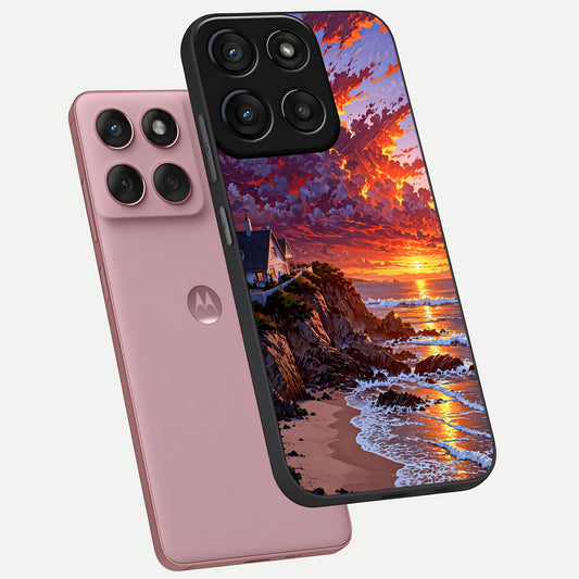  Sunset House By Sea phone case For Moto Edge 60 Fusion showing premium glass back cover with detailed artwork