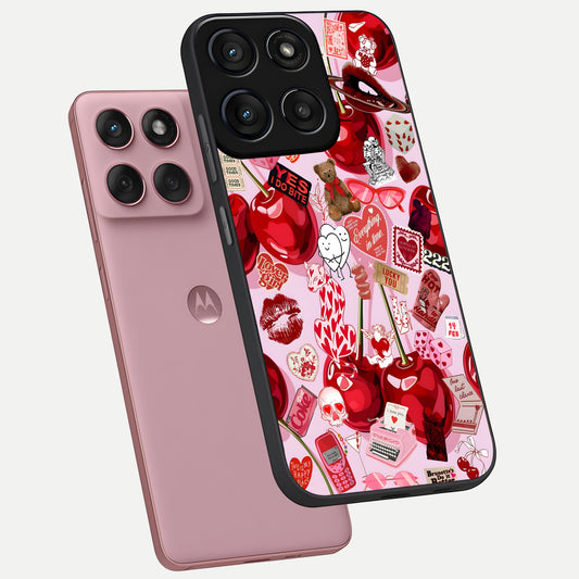  Sweet Cherry Chaos phone case For Moto Edge 60 Fusion showing premium glass back cover with detailed artwork