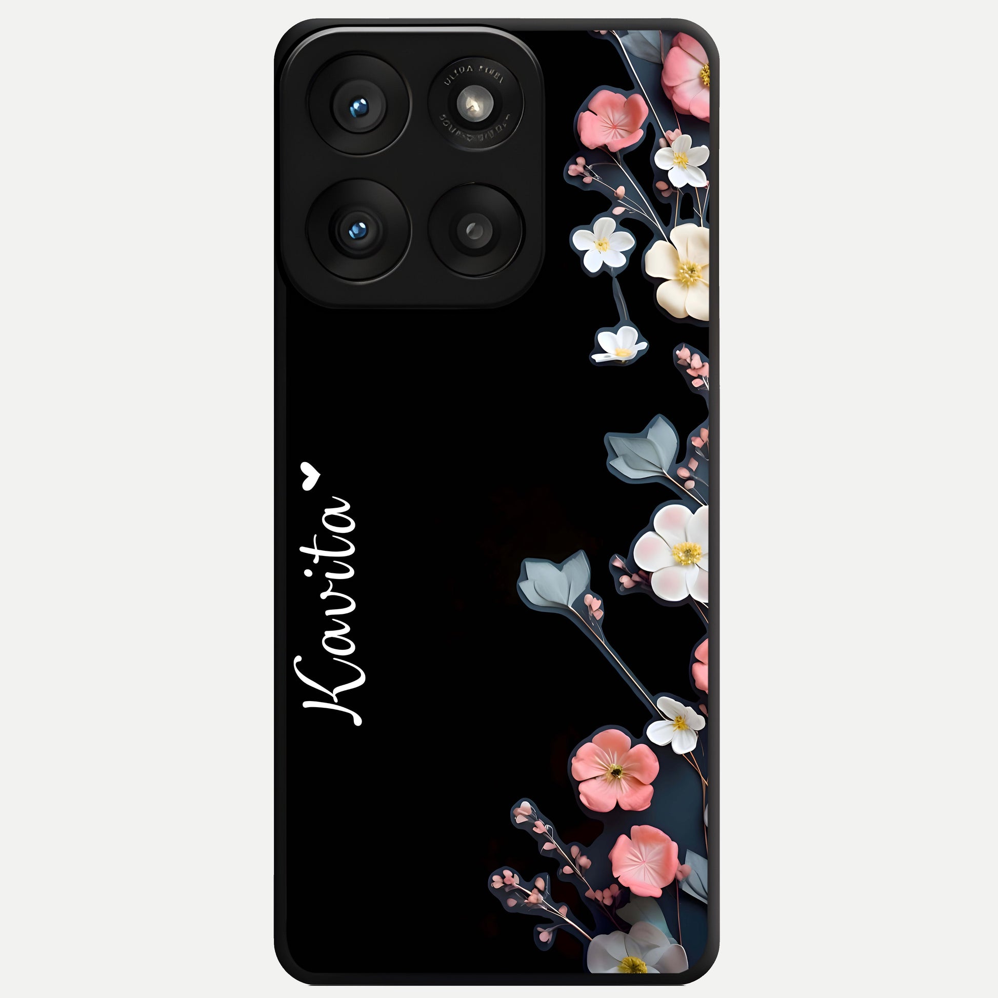  Black Elegance Floral Custom Name Glass Case For Moto Edge 60 Pro back cover – full design glossy printed glass finish
