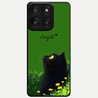  Emerald Cat Custom Name Glass Case For Moto Edge 60 Pro back cover – full design glossy printed glass finish
