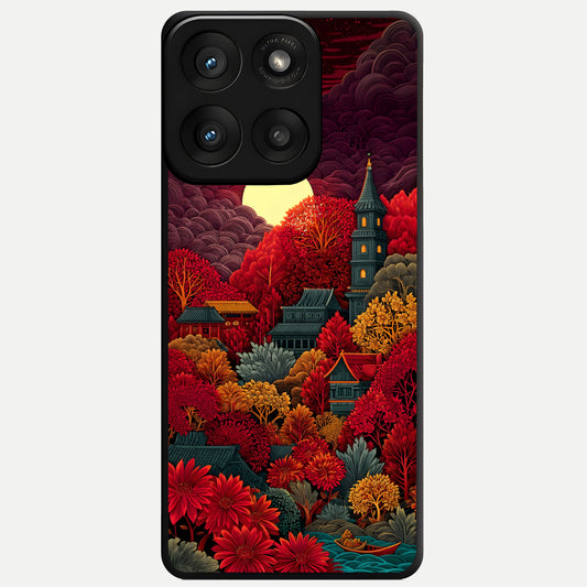  Scarlet Autumn Temple Glass Case For Moto Edge 60 Pro back cover – full design glossy printed glass finish