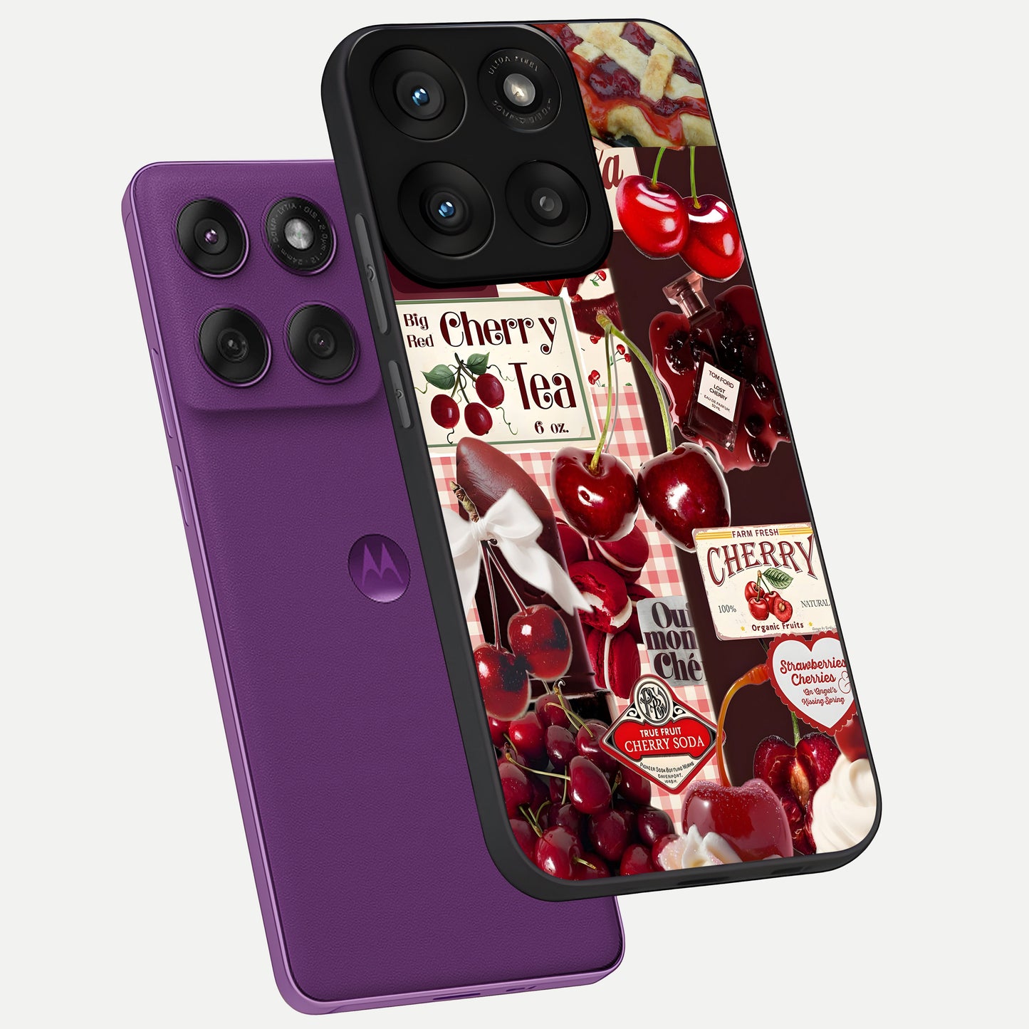  Aesthetic Cherry Tea phone case For Moto Edge 60 Pro showing premium glass back cover with detailed artwork