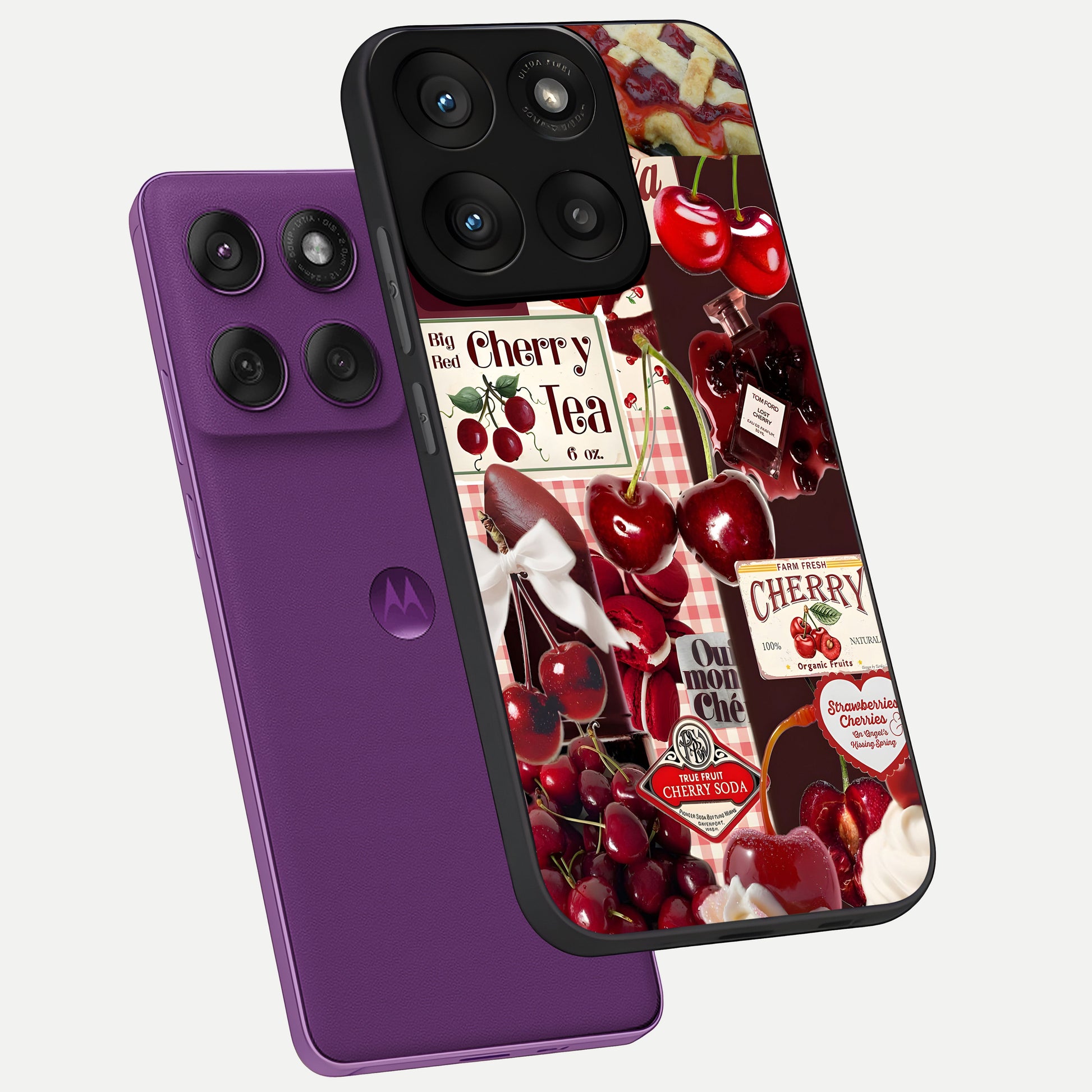  Aesthetic Cherry Tea phone case For Moto Edge 60 Pro showing premium glass back cover with detailed artwork