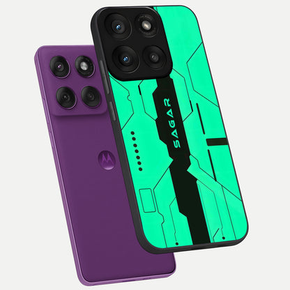  Aqua Tech CYBERPUNK Custom Name phone case For Moto Edge 60 Pro showing premium glass back cover with detailed artwork