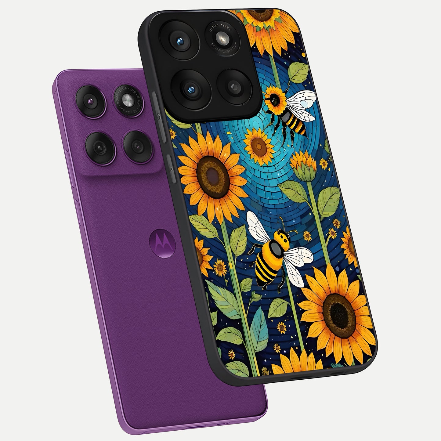  Bees And Sunflowers phone case For Moto Edge 60 Pro showing premium glass back cover with detailed artwork