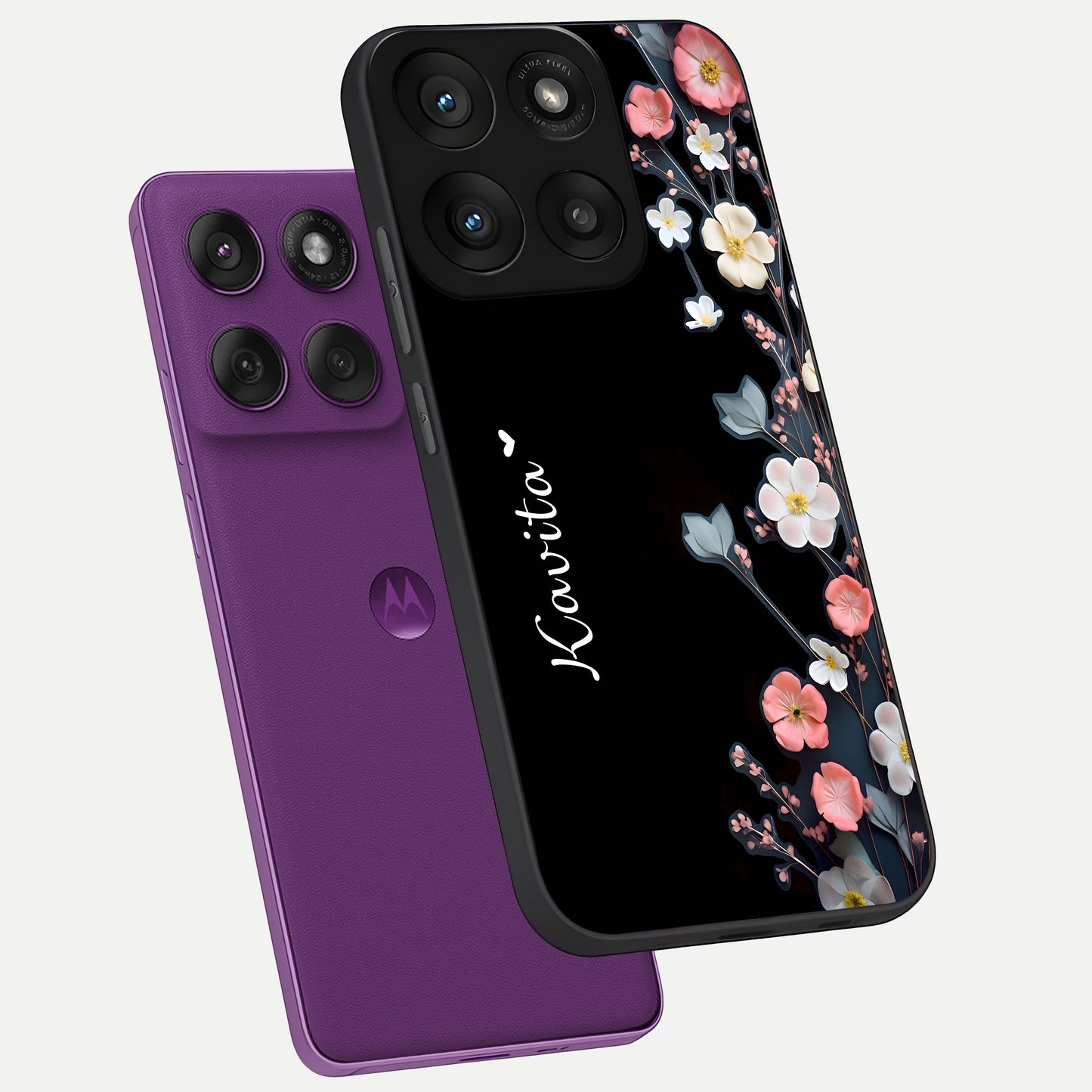  Black Elegance Floral Custom Name phone case For Moto Edge 60 Pro showing premium glass back cover with detailed artwork