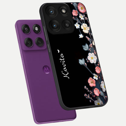  Black Elegance Floral Custom Name phone case For Moto Edge 60 Pro showing premium glass back cover with detailed artwork