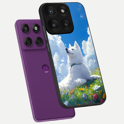  Blissful Cloud Pup phone case For Moto Edge 60 Pro showing premium glass back cover with detailed artwork