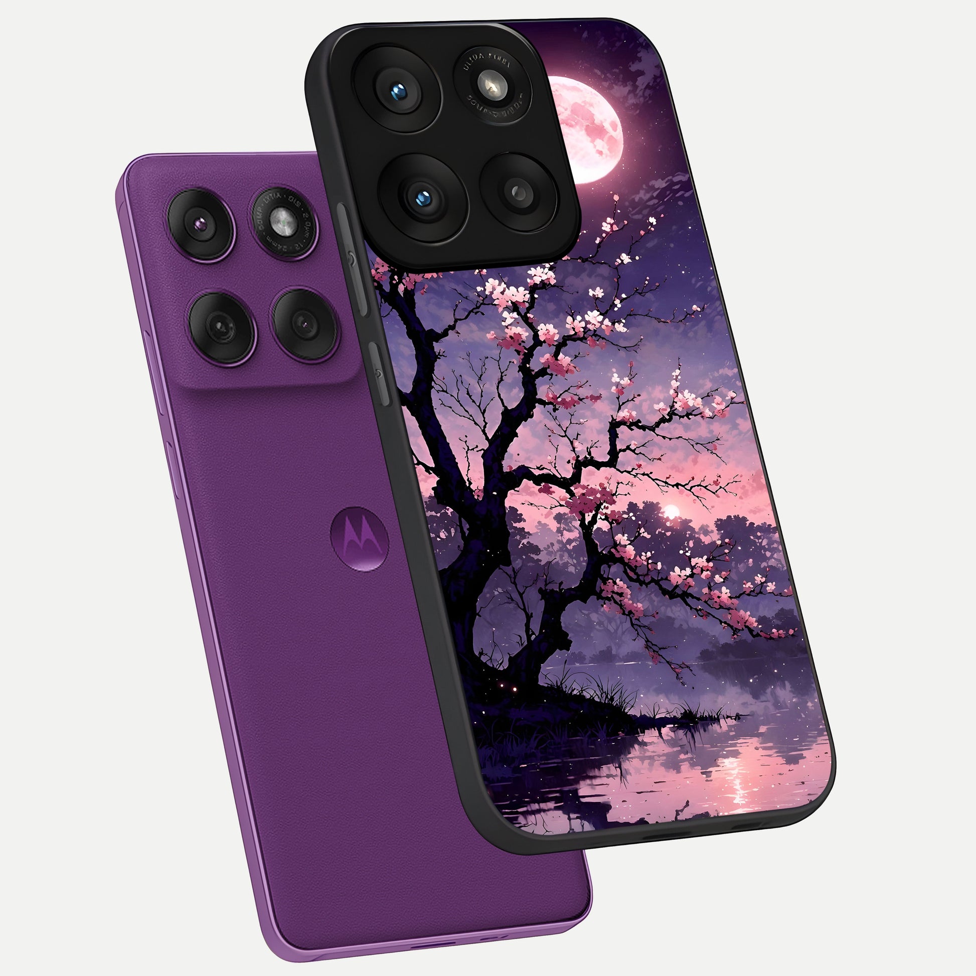  Blossom Pink Moon phone case For Moto Edge 60 Pro showing premium glass back cover with detailed artwork