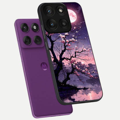  Blossom Pink Moon phone case For Moto Edge 60 Pro showing premium glass back cover with detailed artwork