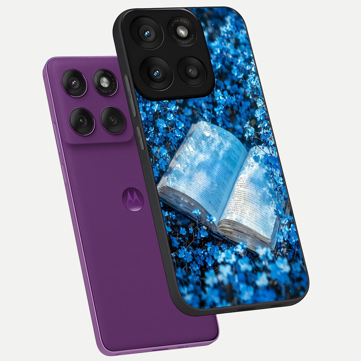  Blue Bloom Tales phone case For Moto Edge 60 Pro showing premium glass back cover with detailed artwork