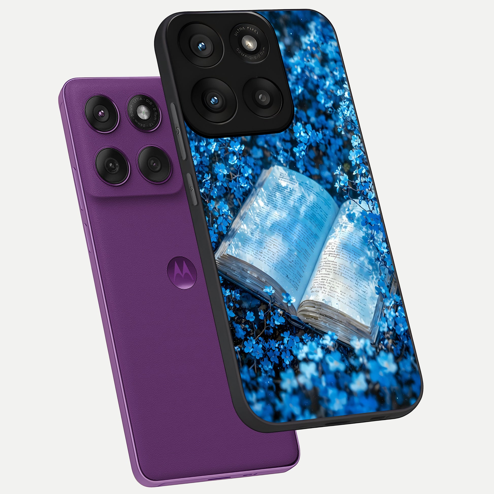  Blue Bloom Tales phone case For Moto Edge 60 Pro showing premium glass back cover with detailed artwork