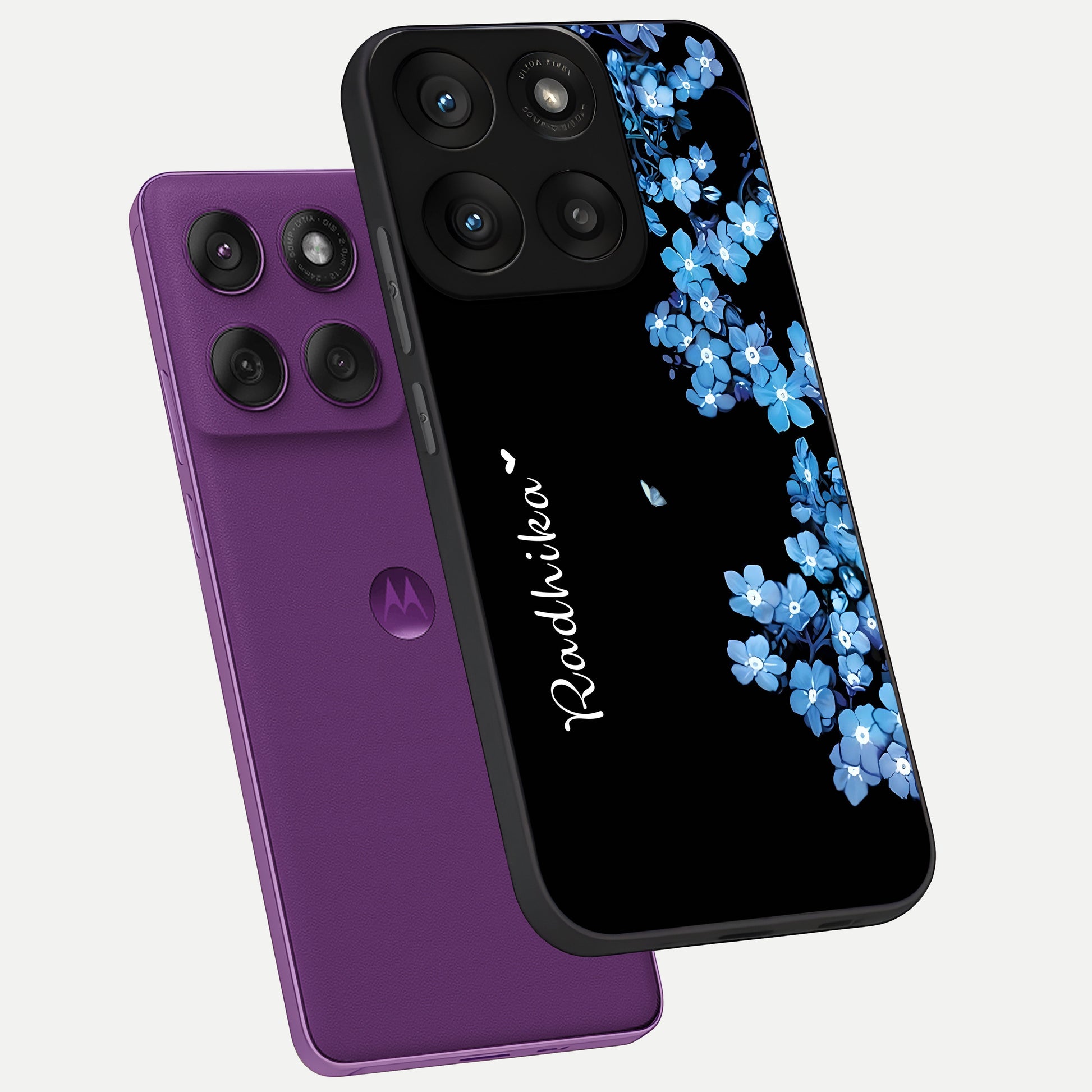  Blue Petal Dream Custom Name phone case For Moto Edge 60 Pro showing premium glass back cover with detailed artwork