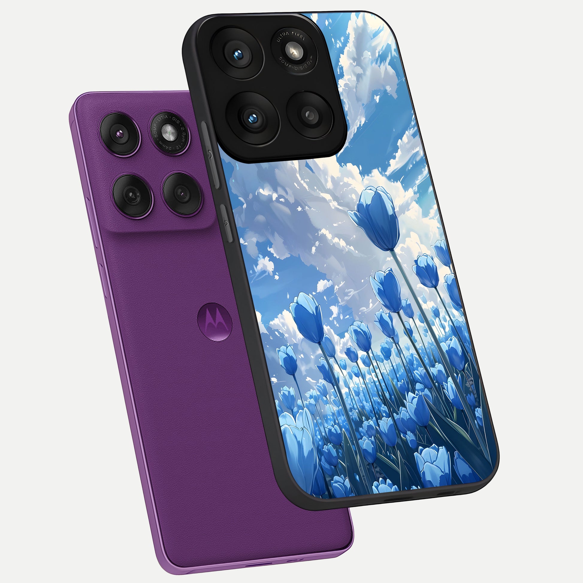  Blue Tulip Clouds phone case For Moto Edge 60 Pro showing premium glass back cover with detailed artwork
