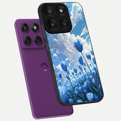  Blue Tulip Clouds phone case For Moto Edge 60 Pro showing premium glass back cover with detailed artwork