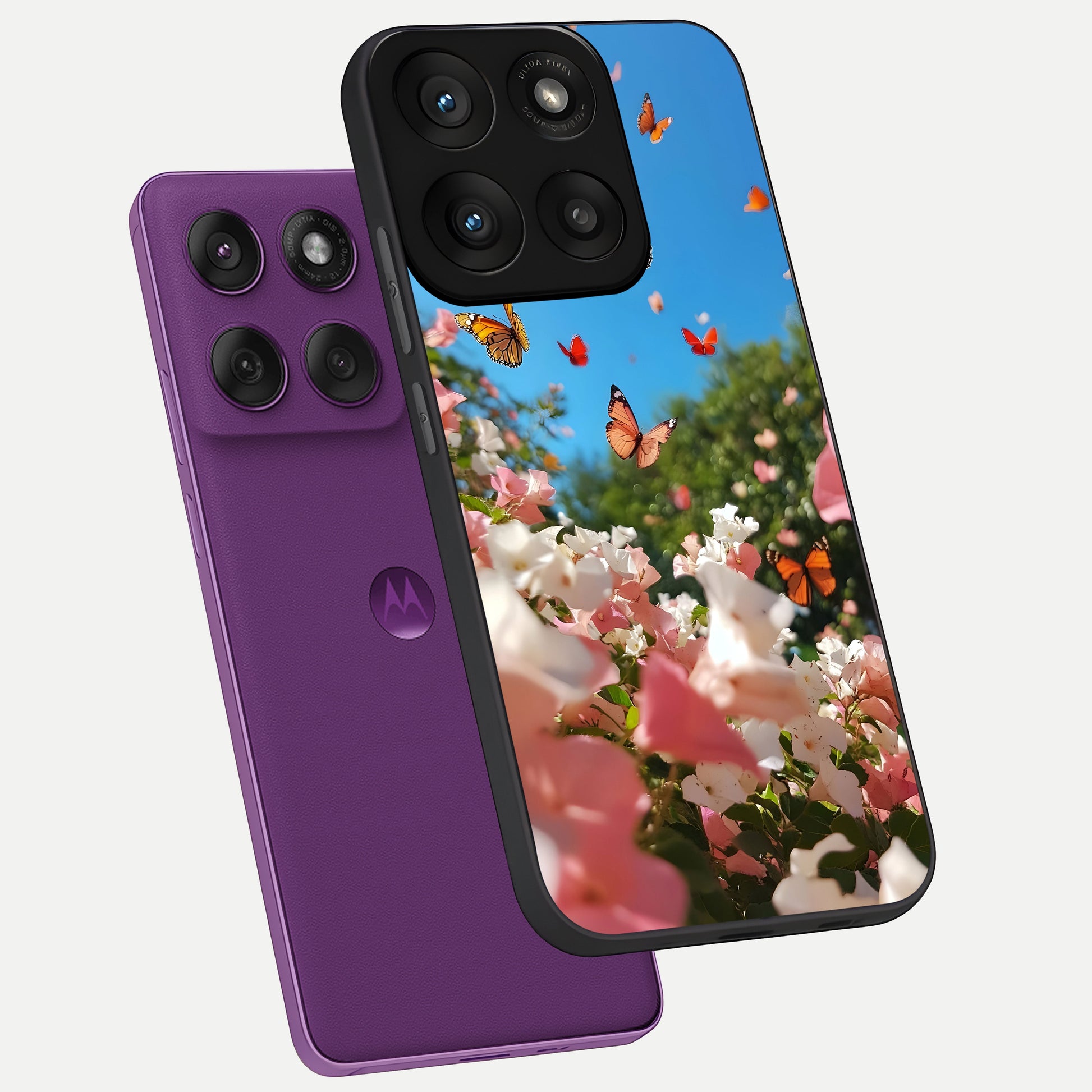  Butterflies In Bloom Sky phone case For Moto Edge 60 Pro showing premium glass back cover with detailed artwork