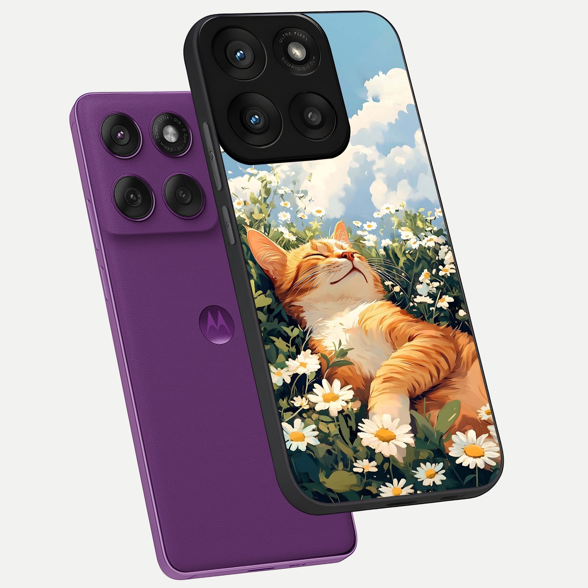  Cat And Flowers View phone case For Moto Edge 60 Pro showing premium glass back cover with detailed artwork