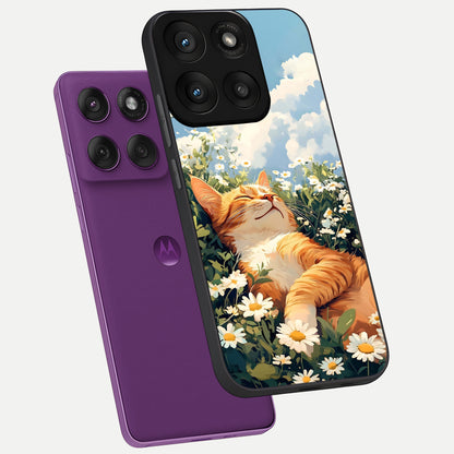  Cat And Flowers View phone case For Moto Edge 60 Pro showing premium glass back cover with detailed artwork