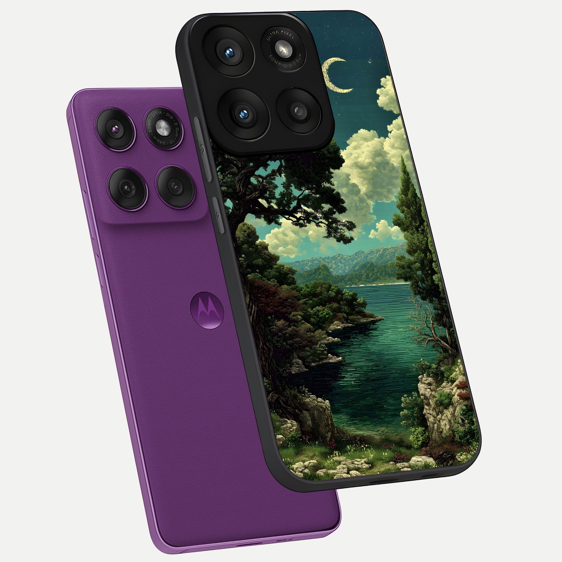  Celestial Lake Peace phone case For Moto Edge 60 Pro showing premium glass back cover with detailed artwork