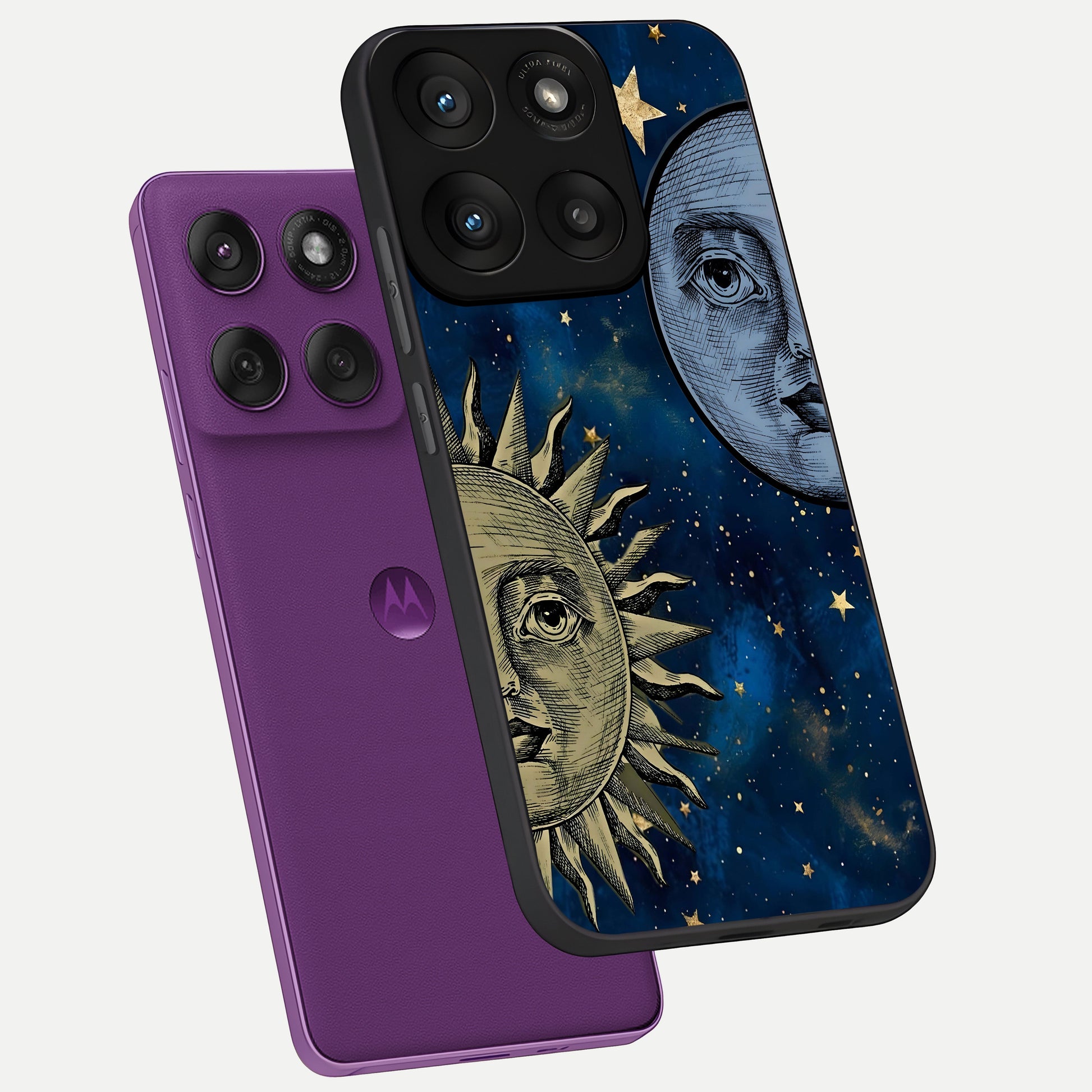  Celestial Moon With Sun phone case For Moto Edge 60 Pro showing premium glass back cover with detailed artwork