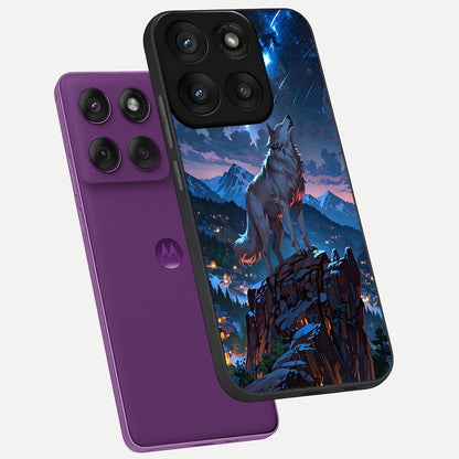  Celestial Wolf Howl phone case For Moto Edge 60 Pro showing premium glass back cover with detailed artwork