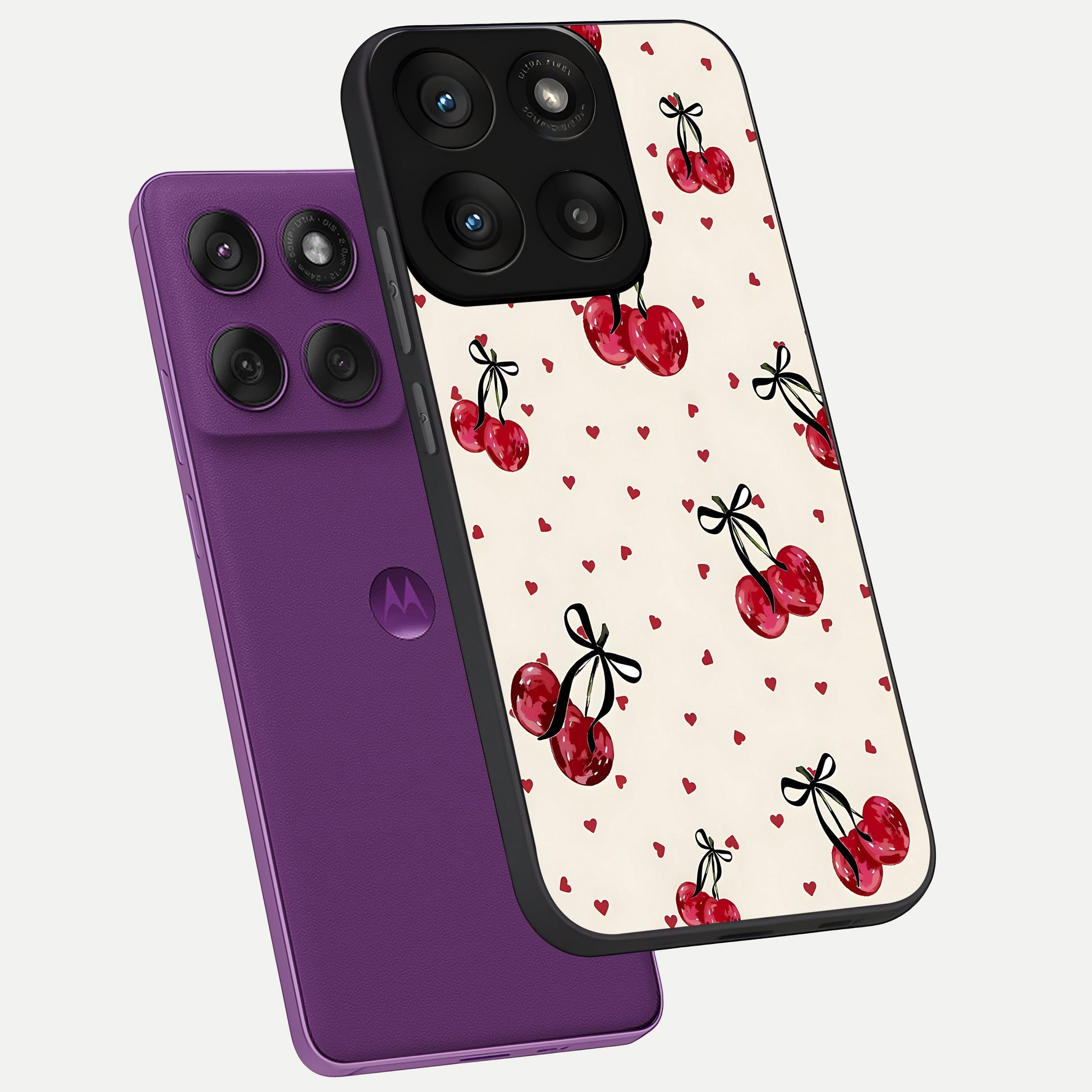  Cherry Heart Bow phone case For Moto Edge 60 Pro showing premium glass back cover with detailed artwork