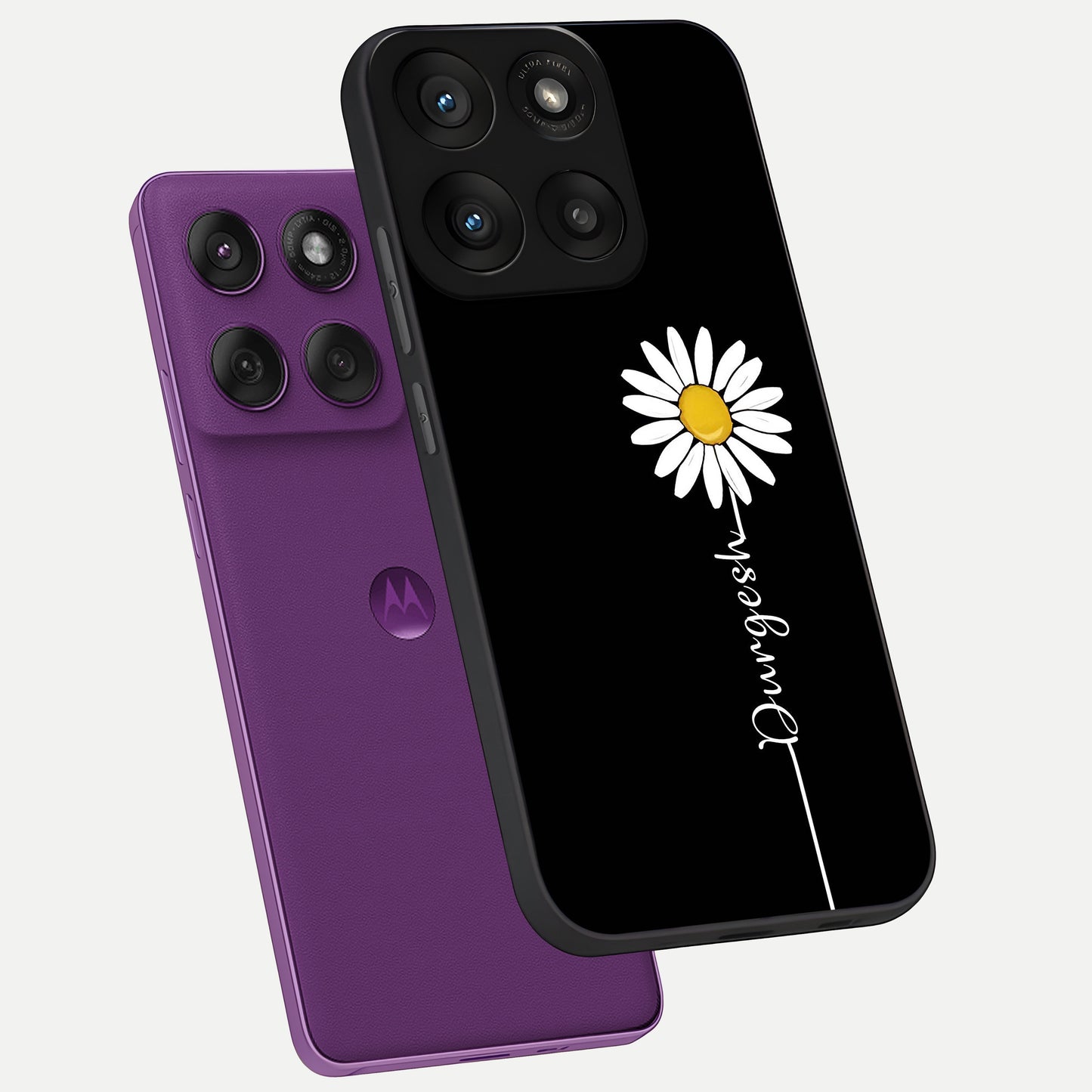  Custom Name White Flower phone case For Moto Edge 60 Pro showing premium glass back cover with detailed artwork