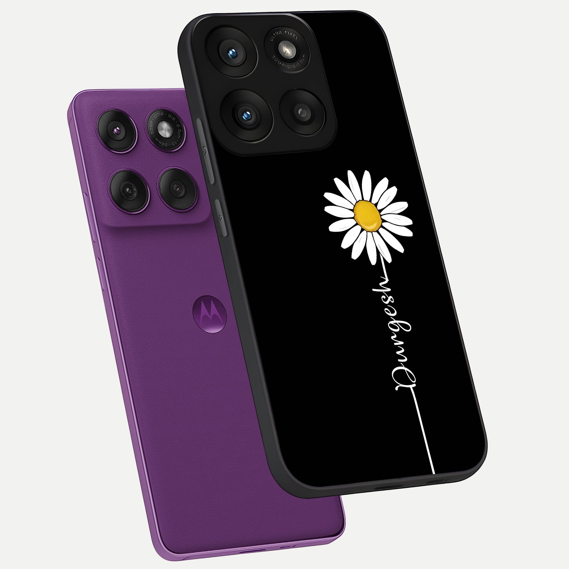  Custom Name White Flower phone case For Moto Edge 60 Pro showing premium glass back cover with detailed artwork