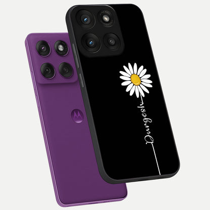  Custom Name White Flower phone case For Moto Edge 60 Pro showing premium glass back cover with detailed artwork