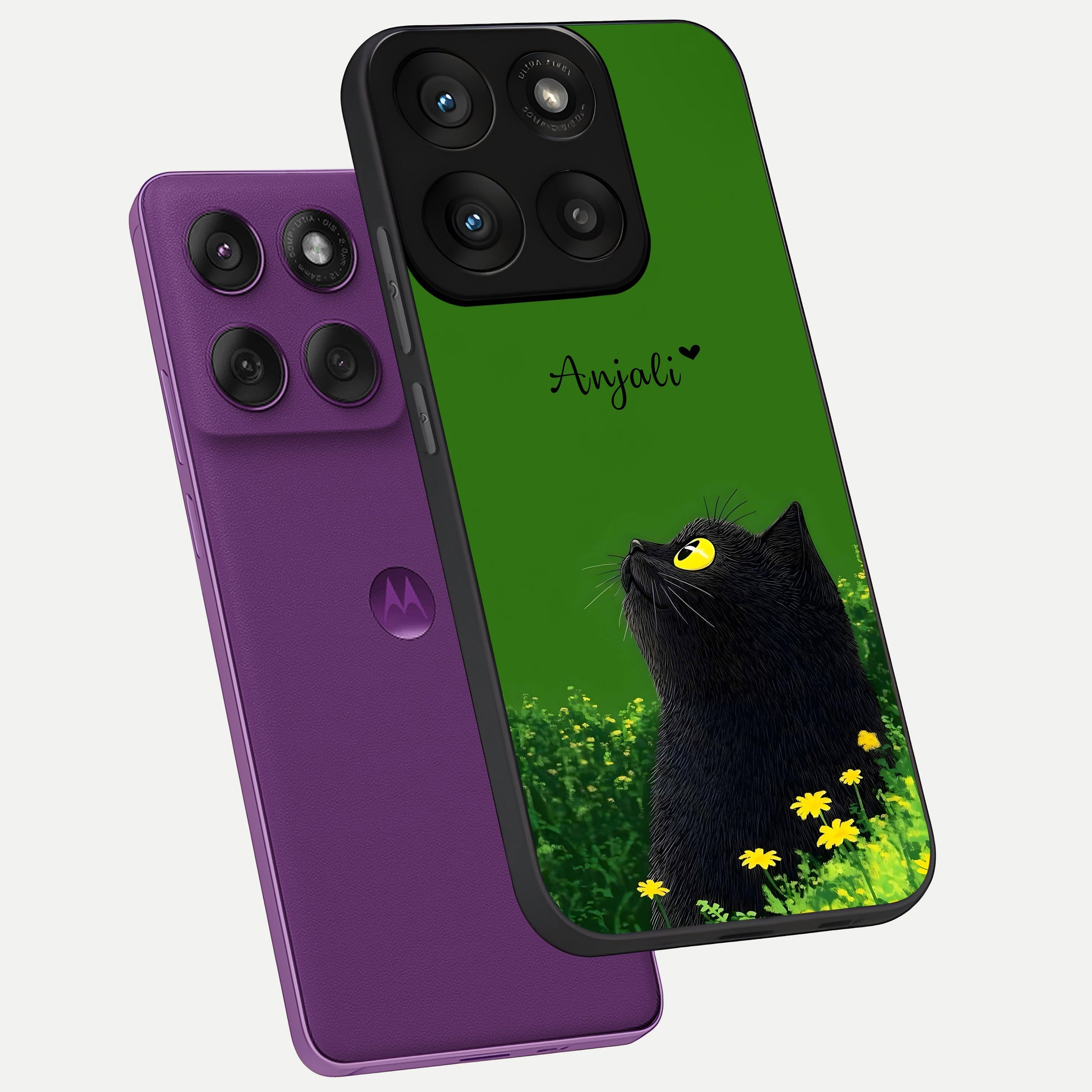  Emerald Cat Custom Name phone case For Moto Edge 60 Pro showing premium glass back cover with detailed artwork