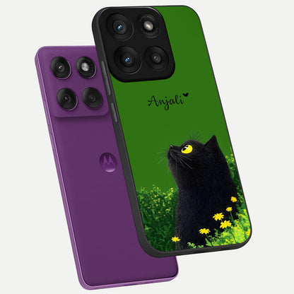  Emerald Cat Custom Name phone case For Moto Edge 60 Pro showing premium glass back cover with detailed artwork