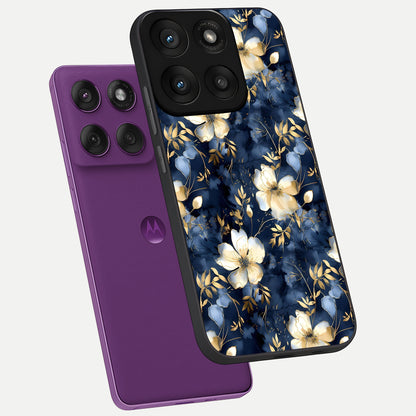  Golden Midnight Bloom phone case For Moto Edge 60 Pro showing premium glass back cover with detailed artwork