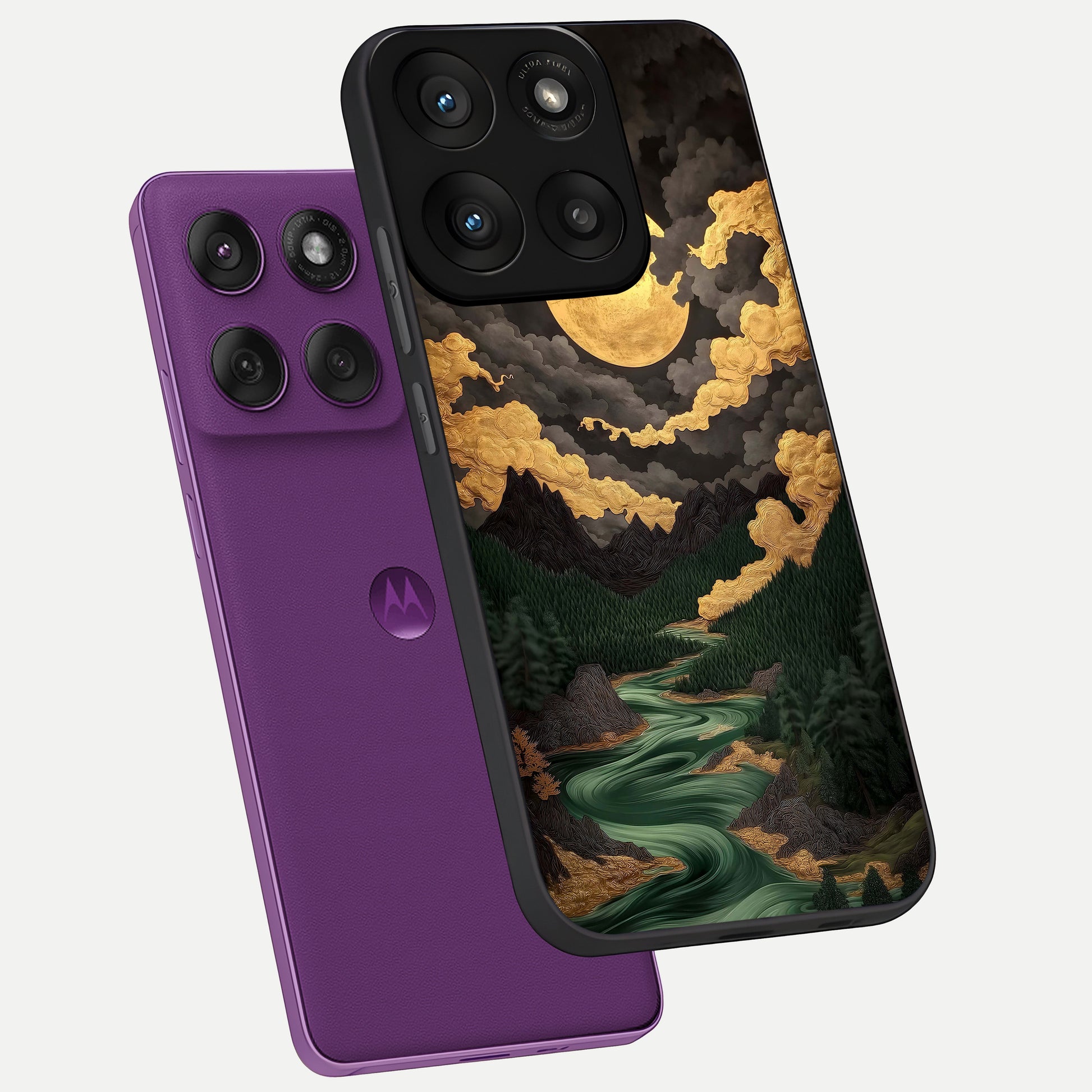  Golden River Moon phone case For Moto Edge 60 Pro showing premium glass back cover with detailed artwork